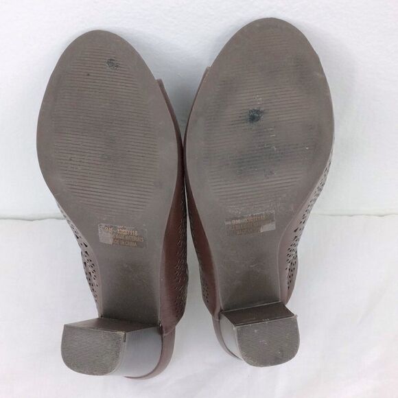 Cato Laser Cut Punch Design Brown Vegan Leather Slip on Heeled Mules - Picture 7 of 8